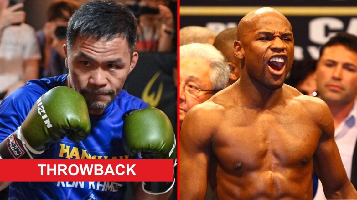 Split image of Manny Pacquiao training and Floyd Mayweather weighing in with throwback label