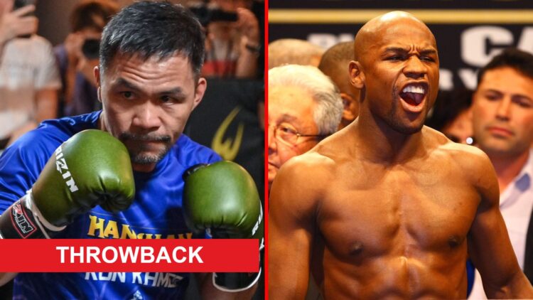 Split image of Manny Pacquiao training and Floyd Mayweather weighing in with throwback label