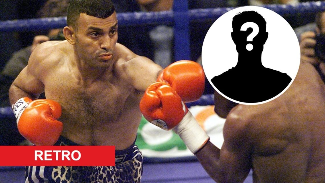 Prince Naseem Hamed fighting Vuyani Bungu with hidden identity and retro label