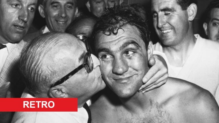 Rocky Marciano celebrating win with Al Weill with retro label