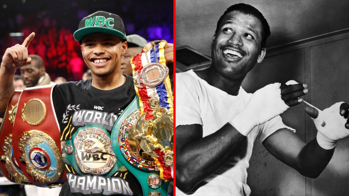 Split image of Shakur Stevenson celebrating and Sugar Ray Robinson training