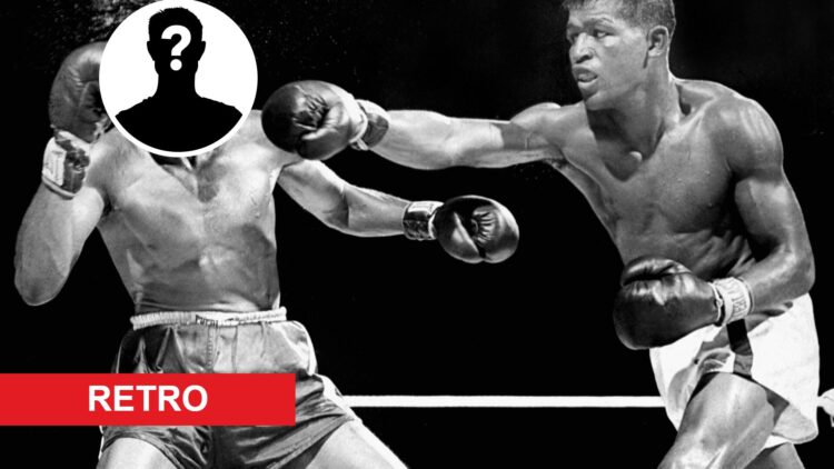 Sugar Ray Robinson punching Kid Gavilan, who has an inset of a question mark over his face with retro label