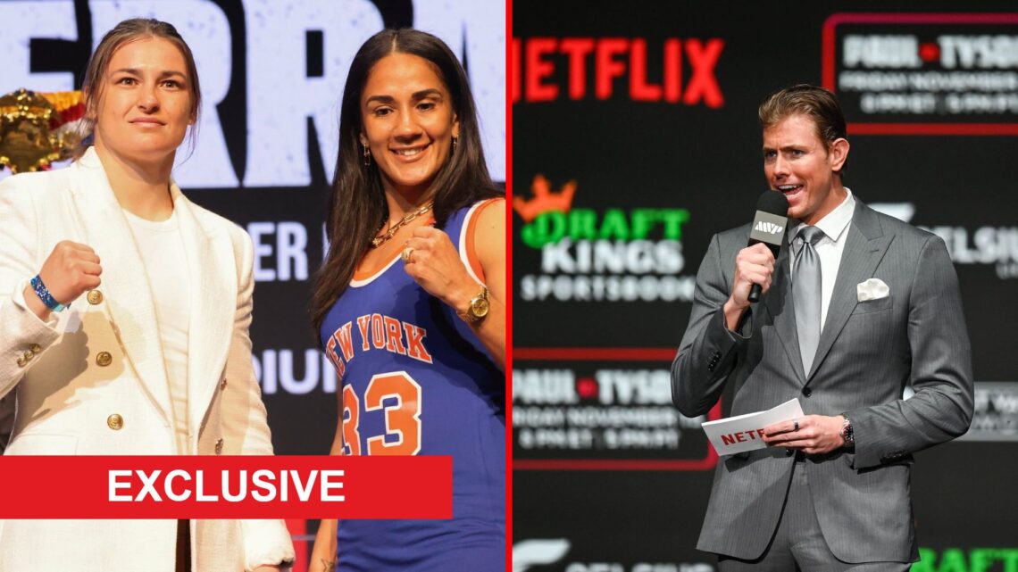 Split image of Katie Taylor posing with Amanda Serrano and Big Mo announcing