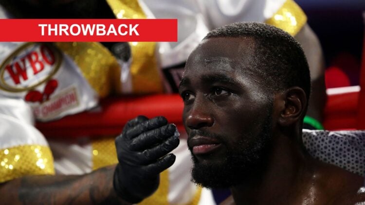 Terence Crawford in the corner during fight with Amir Khan with throwback label