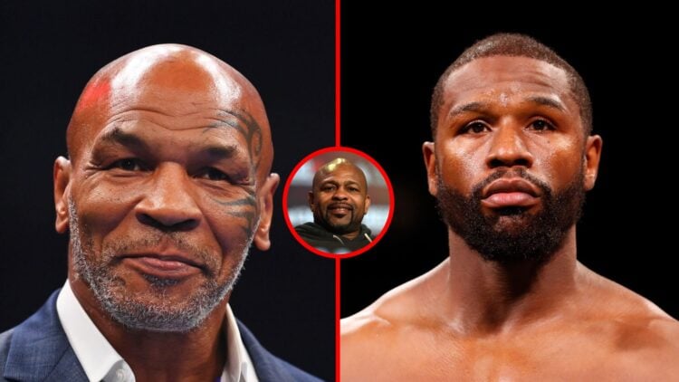 Split image of Mike Tyson in a suit and Floyd Mayweather fighting with an inset of Roy Jones Jr.