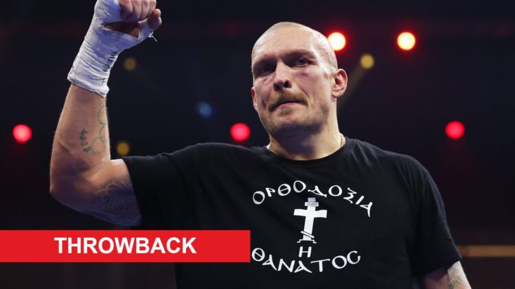 Oleksandr Usyk celebrating defeating Tyson Fury with throwback label