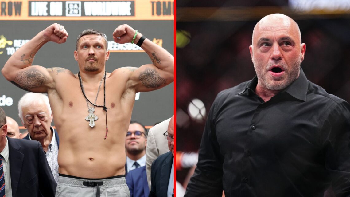 Split image of Oleksandr Usyk weighing-in and Joe Rogan at UFC 300