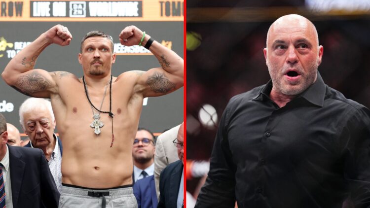 Split image of Oleksandr Usyk weighing-in and Joe Rogan at UFC 300