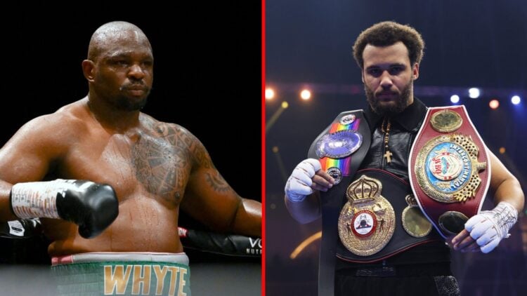 Split image of Dillian Whyte leaning on the ropes and Moses Itauma with belts