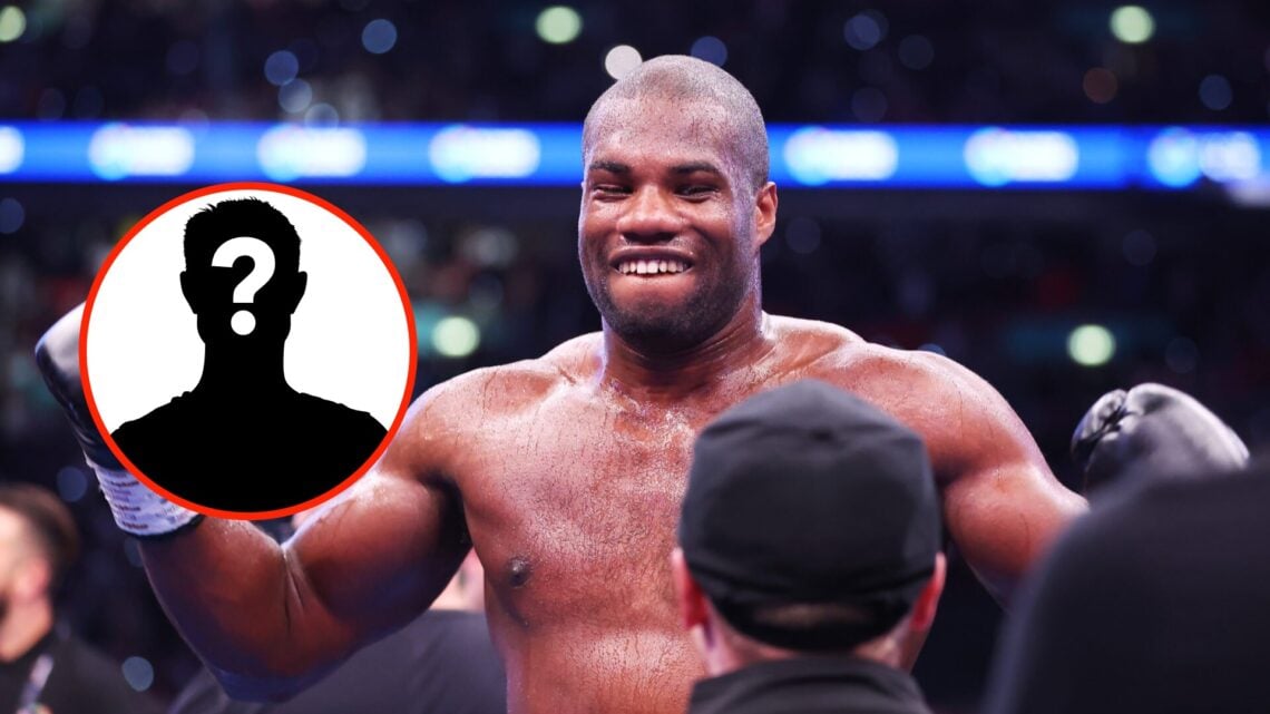 Daniel Dubois smiles after beating Anthony Joshua at Wembley Stadium with a mystery insert to his left.