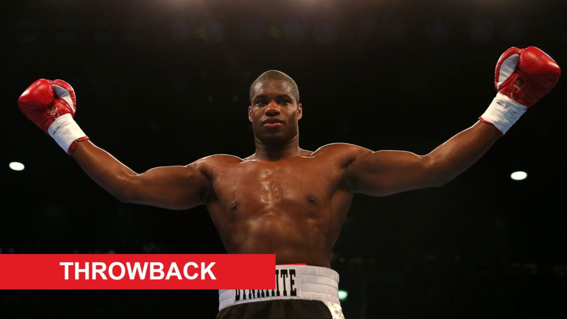 Daniel Dubois celebrates in the ring after his 40 second knockout win over David Howe in 2017