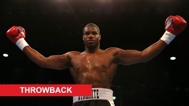 Daniel Dubois celebrates in the ring after his 40 second knockout win over David Howe in 2017
