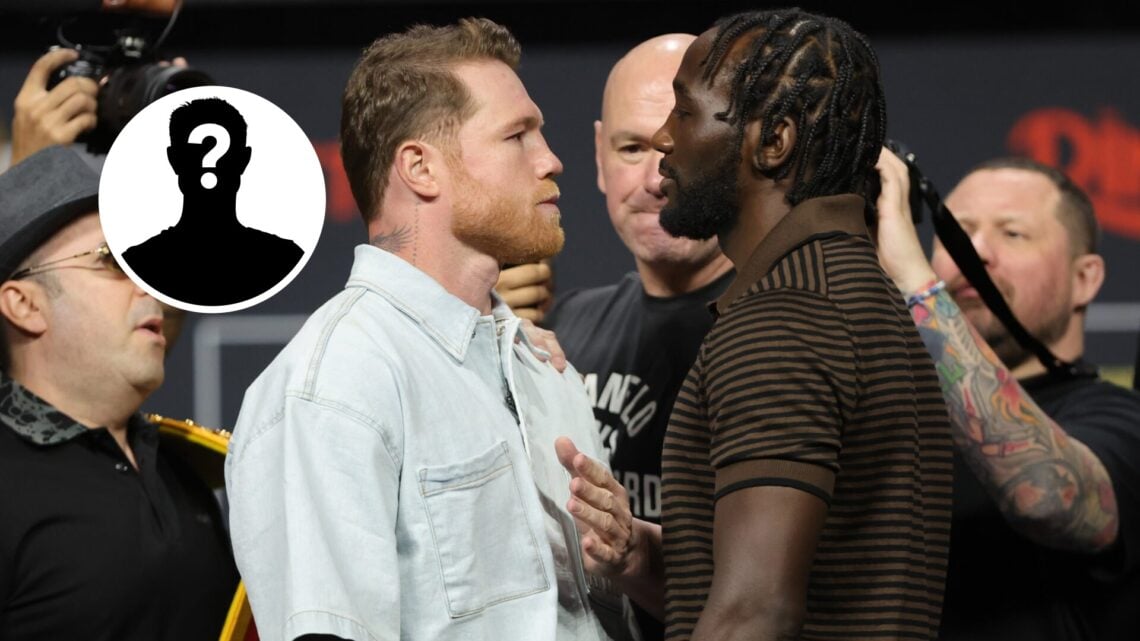 Inset: Mystery Fighter. Center: Terence Crawford faces off with Canelo Alvarez during a pre-fight press conference in June, 2025 ahead of their sup...