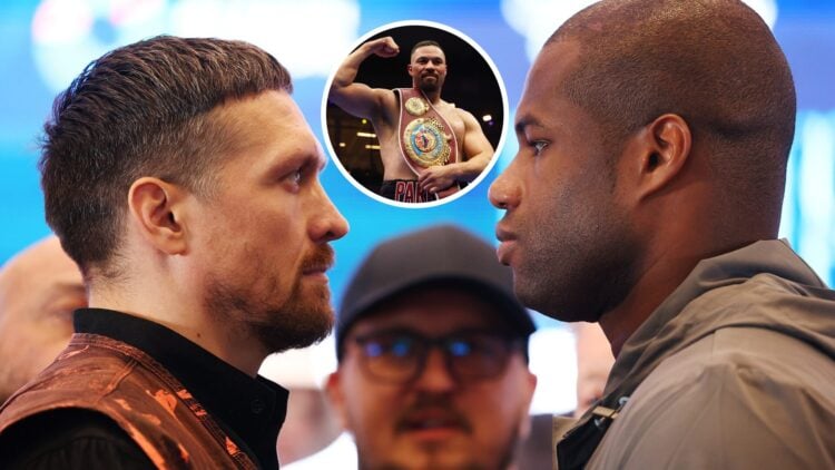 Inset: Joseph Parker celebrates beating Martin Bakole. Center: Usyk and Dubois face off ahead of their fight