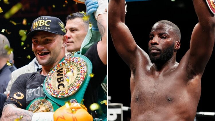 Left: Kevin Lerena celebrates after his WBC bridgerweight title win over Serhiy Radchenko in May. Right: Lawrence Okolie celebrates his title fight...
