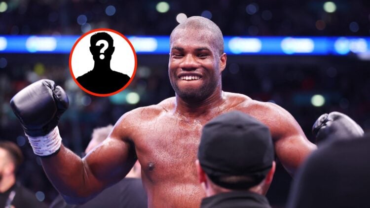 Inset: Mystery Fighter. Center: Daniel Dubois celebrates after his knockout win over Anthony Joshua in 2024