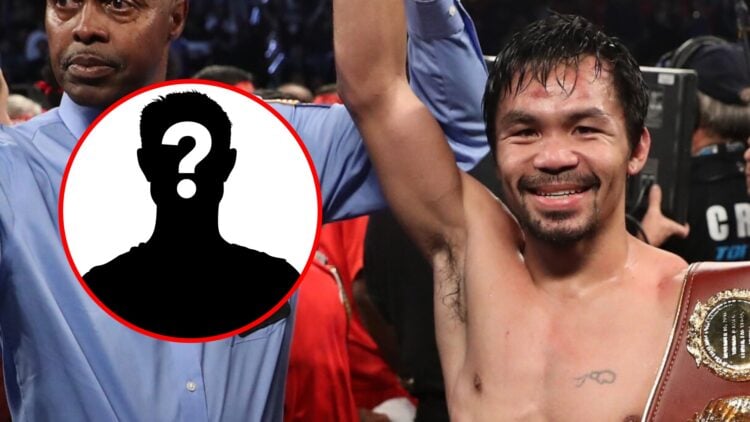 Manny Pacquiao has his hand raised after a win over Jesse Vargas with inset of mystery silhouette