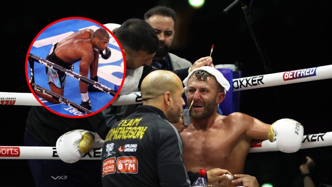 Lewis Edmondson is tended to by his team while he sits in his corner during the Dan Azeez fight with inset of Daniel Dubois taking a knee in the Jo...