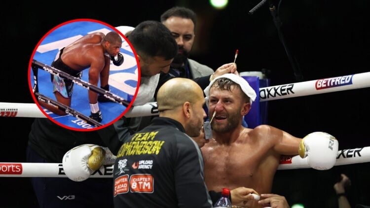 Lewis Edmondson is tended to by his team while he sits in his corner during the Dan Azeez fight with inset of Daniel Dubois taking a knee in the Jo...