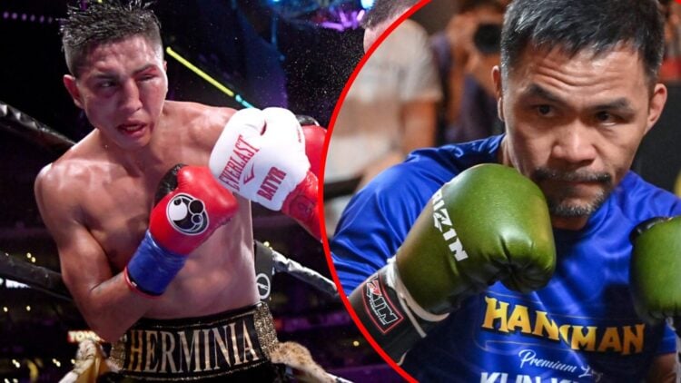 Mario Barrios leans back during fight with swollen left eye with inset of Manny Pacquiao during training