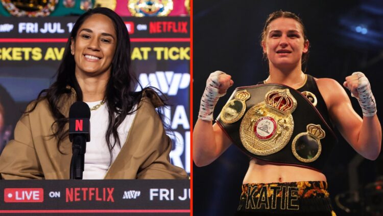 Amanda Serrano stands smiling at the press conference for Katie Taylor vs Amanda Serrano 3 and Katie Taylor celebrates her victory over Anahi Sanch...