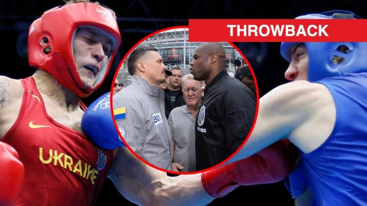 Oleksandr Usyk exchanging punches with Tervel Pulev in the 2012 Olympic semi-final with inset of Usyk and Dubois facing off in front of Wembley Sta...