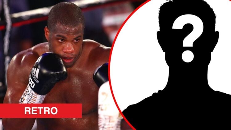 Daniel Dubois with his guard high during his fight with Joe Joyce with inset of mystery silhouette