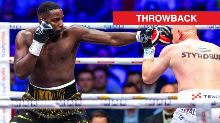 Lawrence Okolie lands a long straight left hand on the head of Lukasz Rozanski