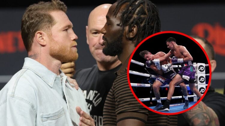 Canelo and Terence Crawford face off during their press conference with inset of Diego Pacheco landing a right hand on the chin of Jack Cullen who ...