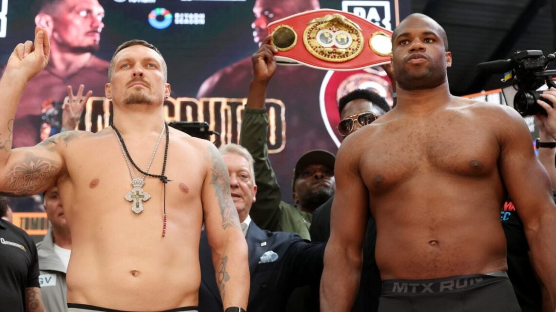 Oleksandr Usyk and Daniel Dubois stand beside one another in their final press conference after weighing in
