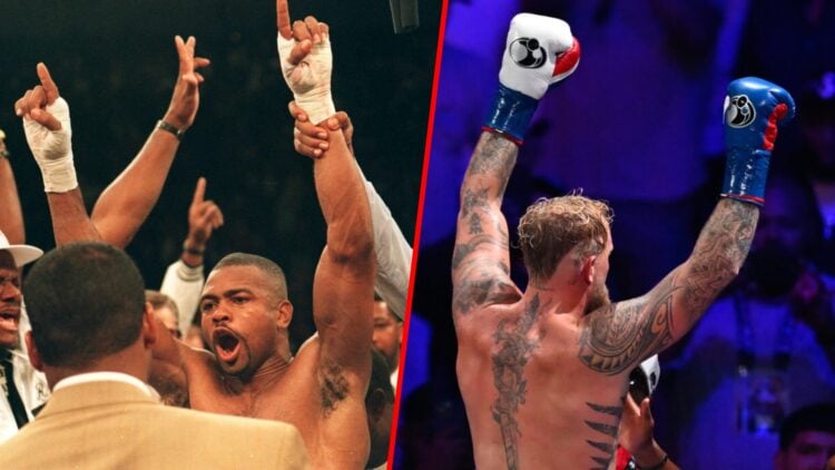 Roy Jones Jr raises his hands as he celebrates a win over James Toney and Jake Paul raises his hands to celebrate a win over Julio Cesar Chavez Jr