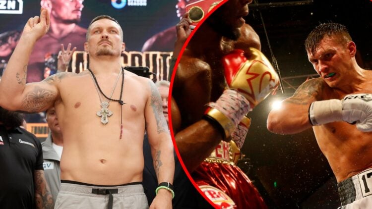 Oleksandr Usyk raises his hand as he stands beside Daniel Dubois at their weigh in with inset of Oleksandr Usyk throwing a right hook at Michael Hu...