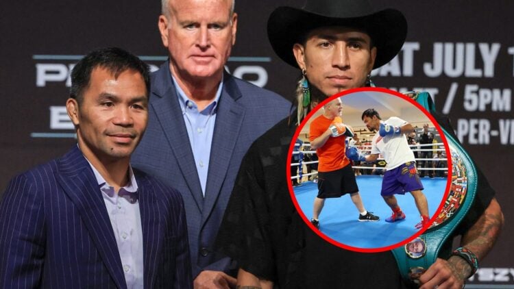 Manny Pacquiao stands beside Mario Barrios at their press conference with inset of Pacquiao doing padwork with Freddie Roach
