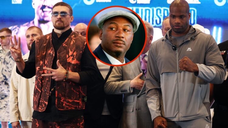 Image of Oleksandr Usyk and Daniel Dubois at face off with inset of Lennox Lewis.