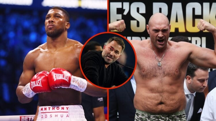Split image of Anthony Joshua and Tyson Fury with inset of Eddie Hearn