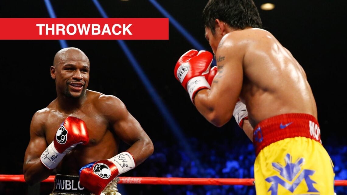 Image of Floyd Mayweather smirking at Manny Pacquiao with throwback label
