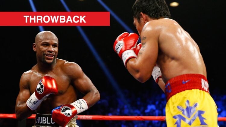 Image of Floyd Mayweather smirking at Manny Pacquiao with throwback label