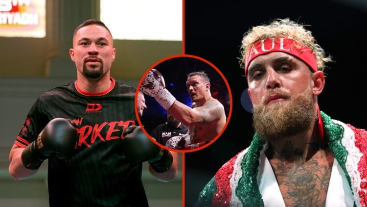 Split image of Joseph Parker and Jake Paul with inset of Oleksandr Usyk celebrating win