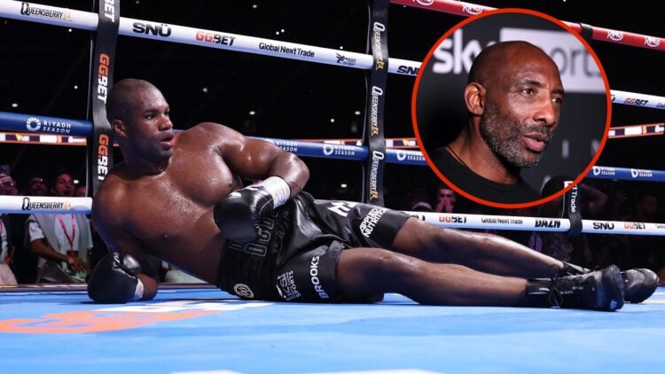 Image of Daniel Dubois after being knocked down with inset of Johnny Nelson.