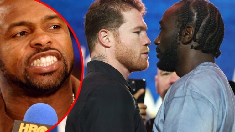 Canelo faces off with Terence Crawford at a press conference for their fight, with inset of Roy Jones Jr gritting his teeth during an interview
