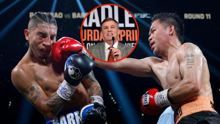 Image of Manny Pacquiao punching Mario Barrios with inset of Teddy Atlas.