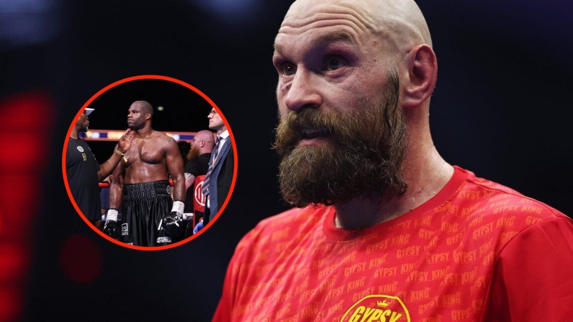 Left: Daniel Dubois in the ring after his knockout loss to Oleksandr Usyk at Wembley. Right: Tyson Fury looking unhappy in a red tshirt after losin...