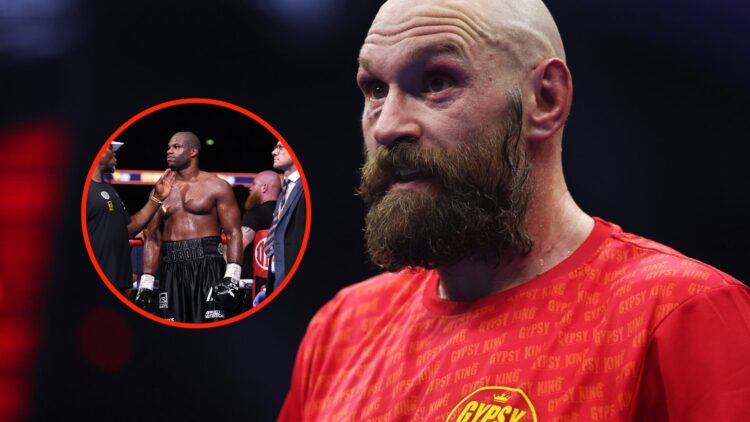 Left: Daniel Dubois in the ring after his knockout loss to Oleksandr Usyk at Wembley. Right: Tyson Fury looking unhappy in a red tshirt after losin...