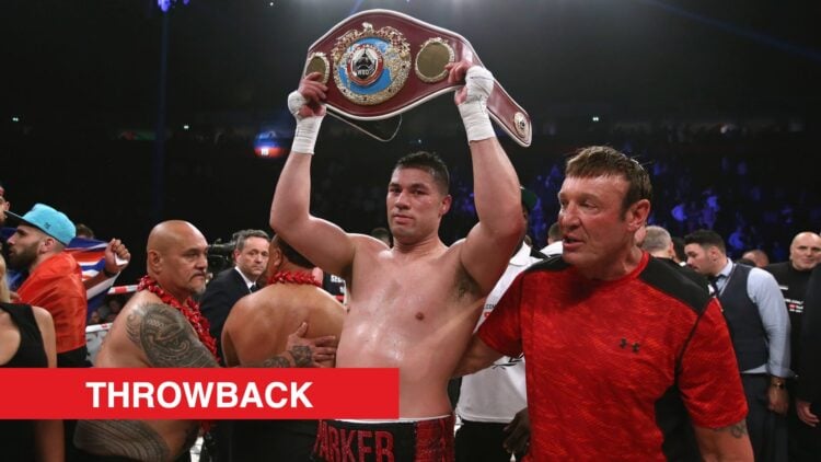 Joseph Parker lifting world title in victory with throwback label.
