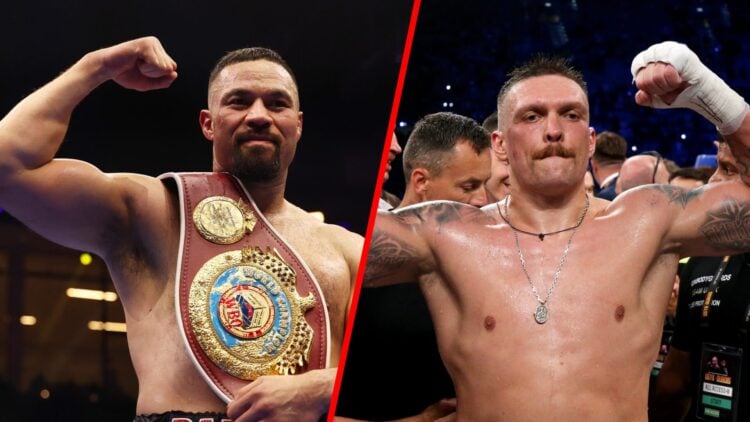 Joseph Parker with his hand raised after a win split with Oleksandr Usyk with both hands in the air after defeating Daniel Dubois in Poland