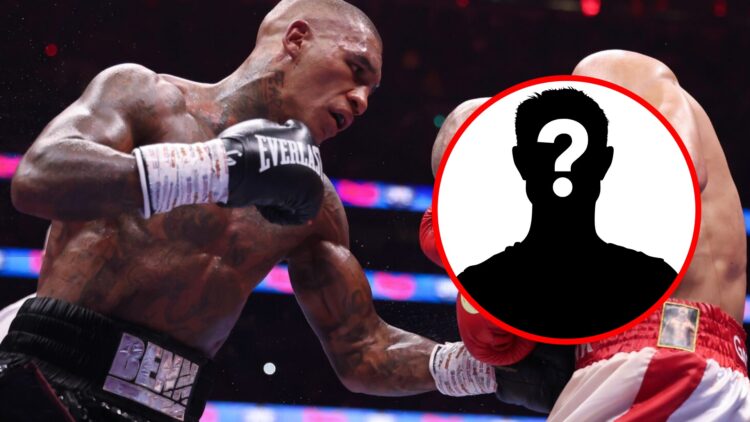 Conor Benn throws a left uppercut at Chris Eubank Jr's head with inset of mystery silhouette