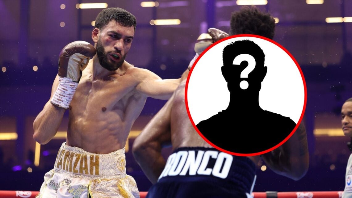 Hamzah Sheeraz throws a lead jab at Carlos Adames whose back is to the camera with inset of mystery silhouette