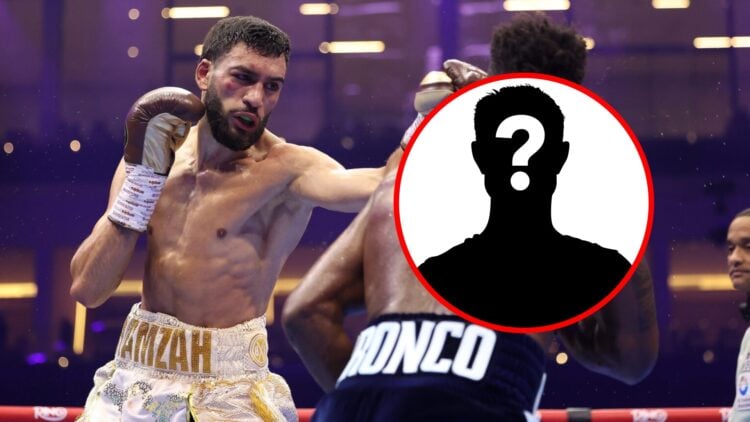 Hamzah Sheeraz throws a lead jab at Carlos Adames whose back is to the camera with inset of mystery silhouette