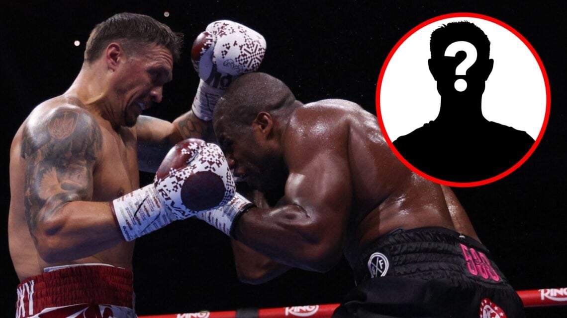 Oleksandr Usyk holds up his hands as Dubois rushes in with inset of mystery silhouette