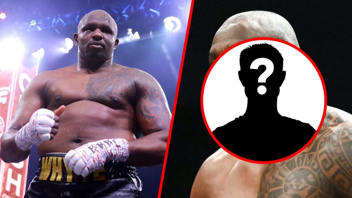 Dillian Whyte looking big as he looks into the camera after defeating Mariuz Wach split with Whyte in the ring side-on with inset of myster silhouette